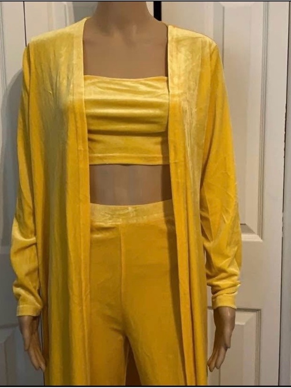 Yellow Velvet VelourThree-Piece Lounge Set - Crop Top, High-Waist Pants & Duster